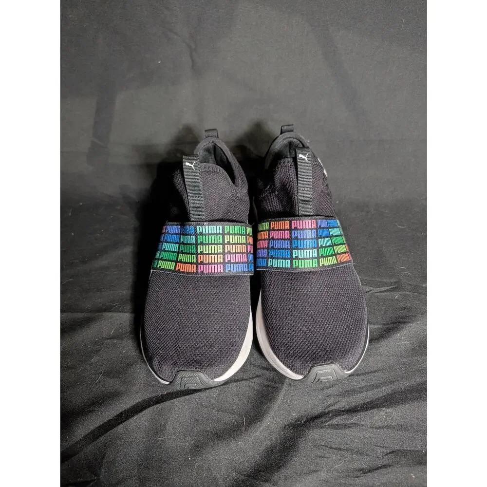 Puma Softride Slip On Sneakers Youth Size 4 Black Rainbow Logo Athletic Shoes